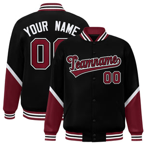 Custom Black Crimson Varsity Full-Snap Color Block Letterman Baseball Jacket