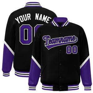 Custom Black Purple Varsity Full-Snap Color Block Letterman Baseball Jacket