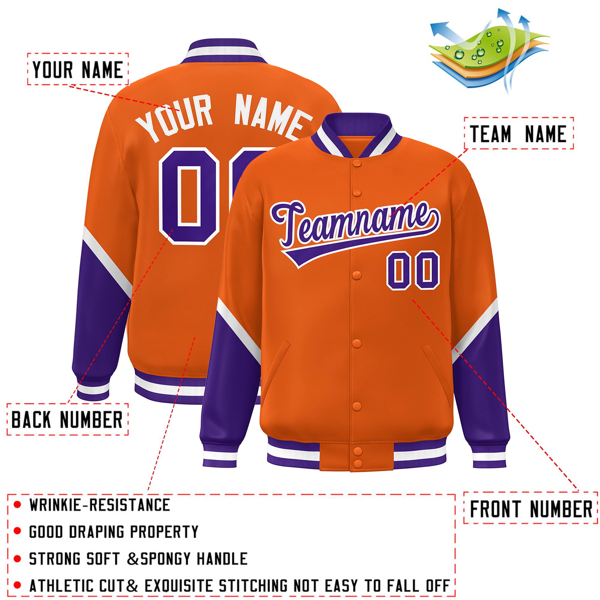 Custom Orange Purple Varsity Full-Snap Color Block Letterman Baseball Jacket