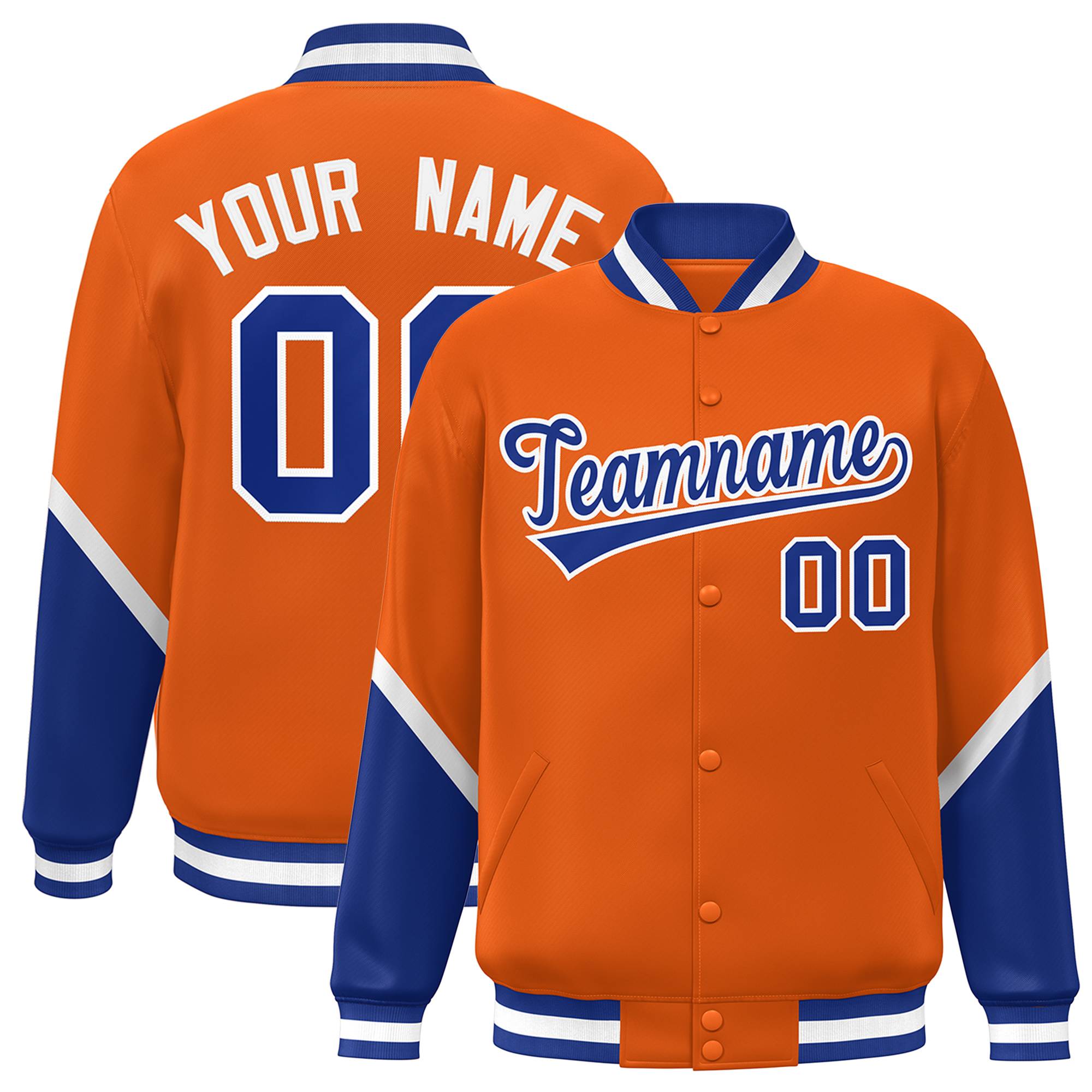 Custom Orange Royal Varsity Full-Snap Color Block Letterman Baseball Jacket