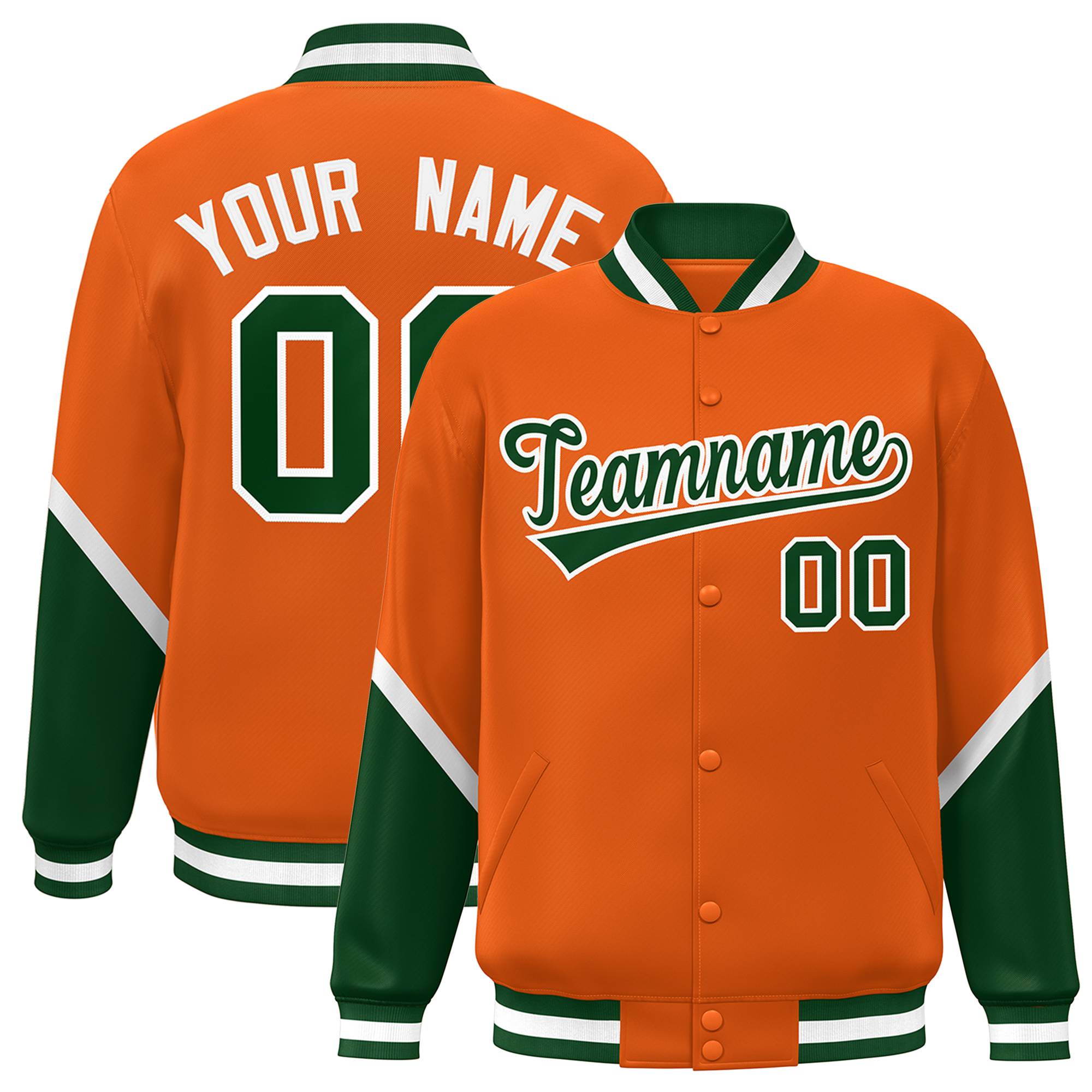 Custom Orange Green Varsity Full-Snap Color Block Letterman Baseball Jacket