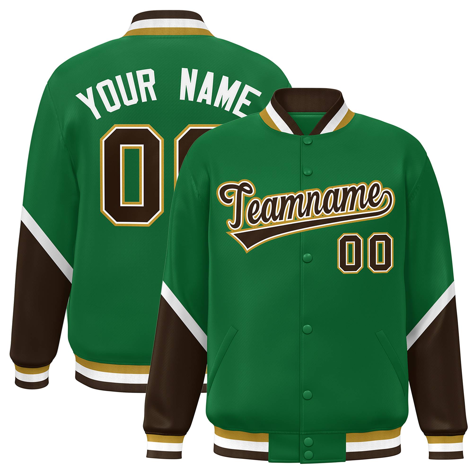 Custom Kelly Green Brown Varsity Full-Snap Color Block Letterman Baseball Jacket