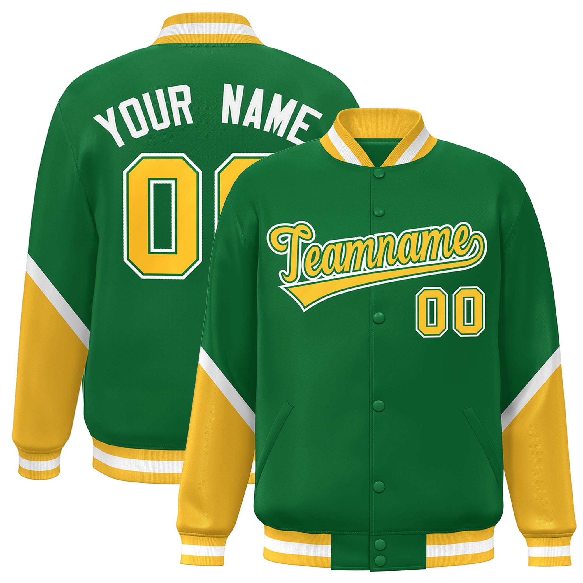 Custom Kelly Green Gold Varsity Full-Snap Color Block Letterman Baseball Jacket