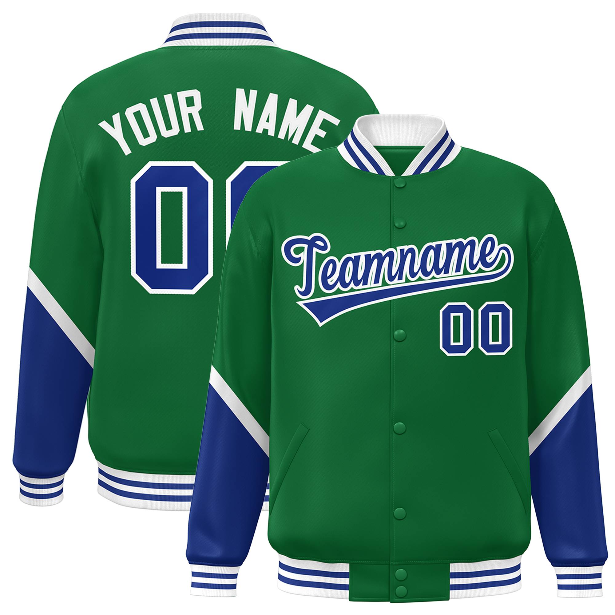 Custom Kelly Green Royal Varsity Full-Snap Color Block Letterman Baseball Jacket