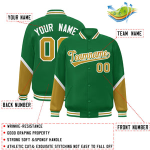 Custom Kelly Green Old Gold Varsity Full-Snap Color Block Letterman Baseball Jacket