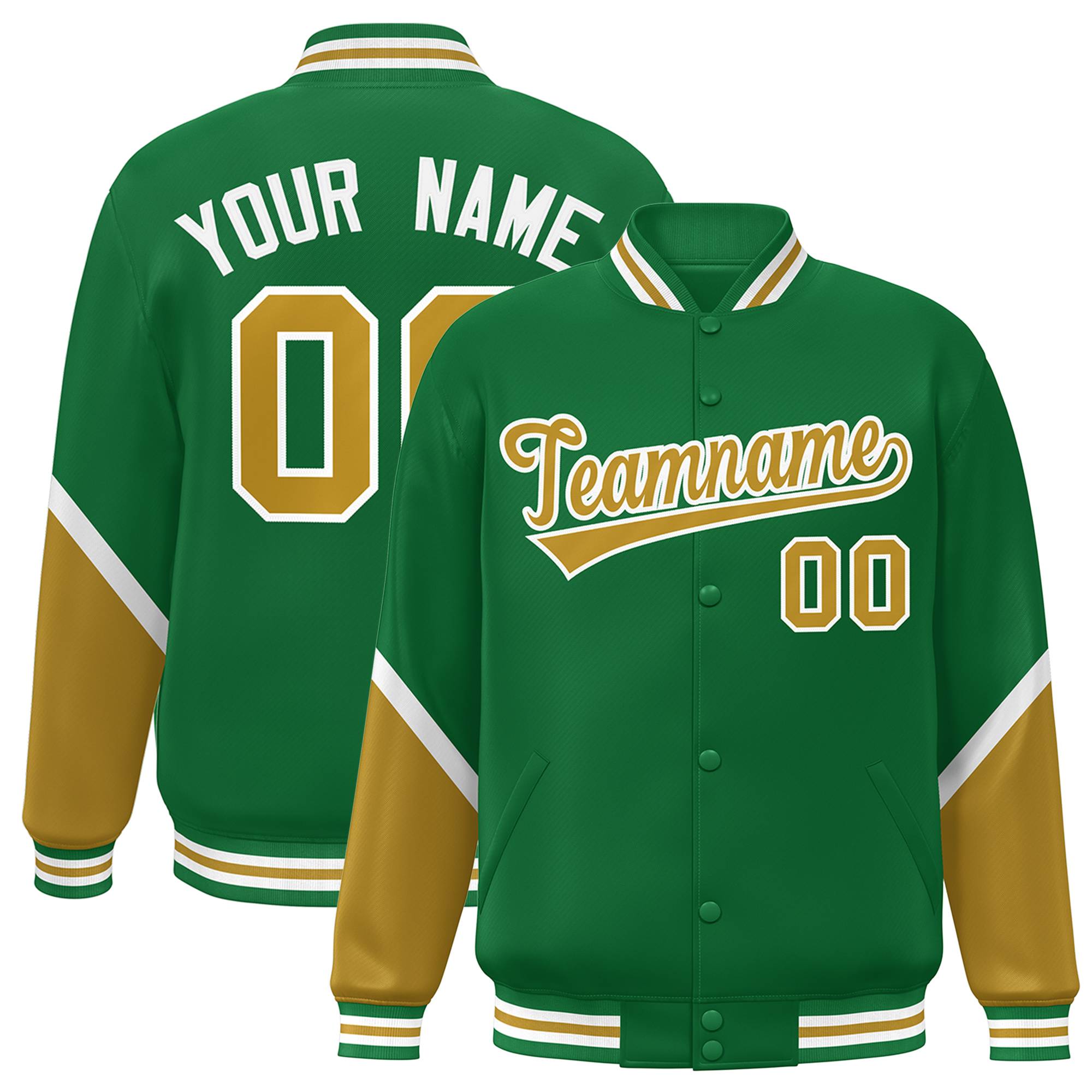 Custom Kelly Green Old Gold Varsity Full-Snap Color Block Letterman Baseball Jacket