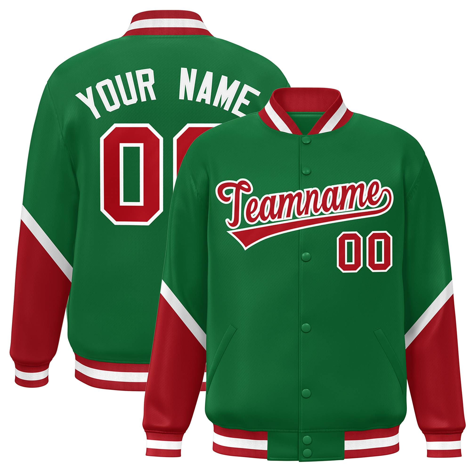 Custom Kelly Green Red Varsity Full-Snap Color Block Letterman Baseball Jacket