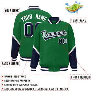 Custom Kelly Green Navy Varsity Full-Snap Color Block Letterman Baseball Jacket