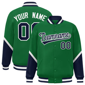 Custom Kelly Green Navy Varsity Full-Snap Color Block Letterman Baseball Jacket