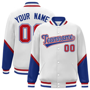 Custom White Royal Varsity Full-Snap Color Block Letterman Baseball Jacket