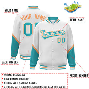 Custom White Aqua Varsity Full-Snap Color Block Letterman Baseball Jacket