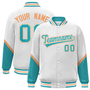 Custom White Aqua Varsity Full-Snap Color Block Letterman Baseball Jacket