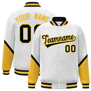 Custom White Gold Varsity Full-Snap Color Block Letterman Baseball Jacket