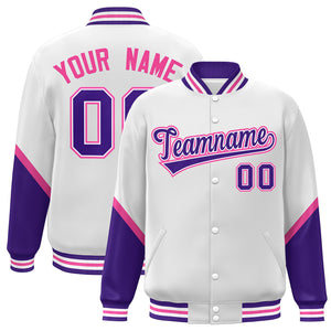 Custom White Purple Varsity Full-Snap Color Block Letterman Baseball Jacket