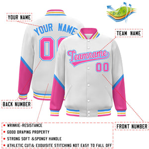 Custom White Pink Varsity Full-Snap Color Block Letterman Baseball Jacket