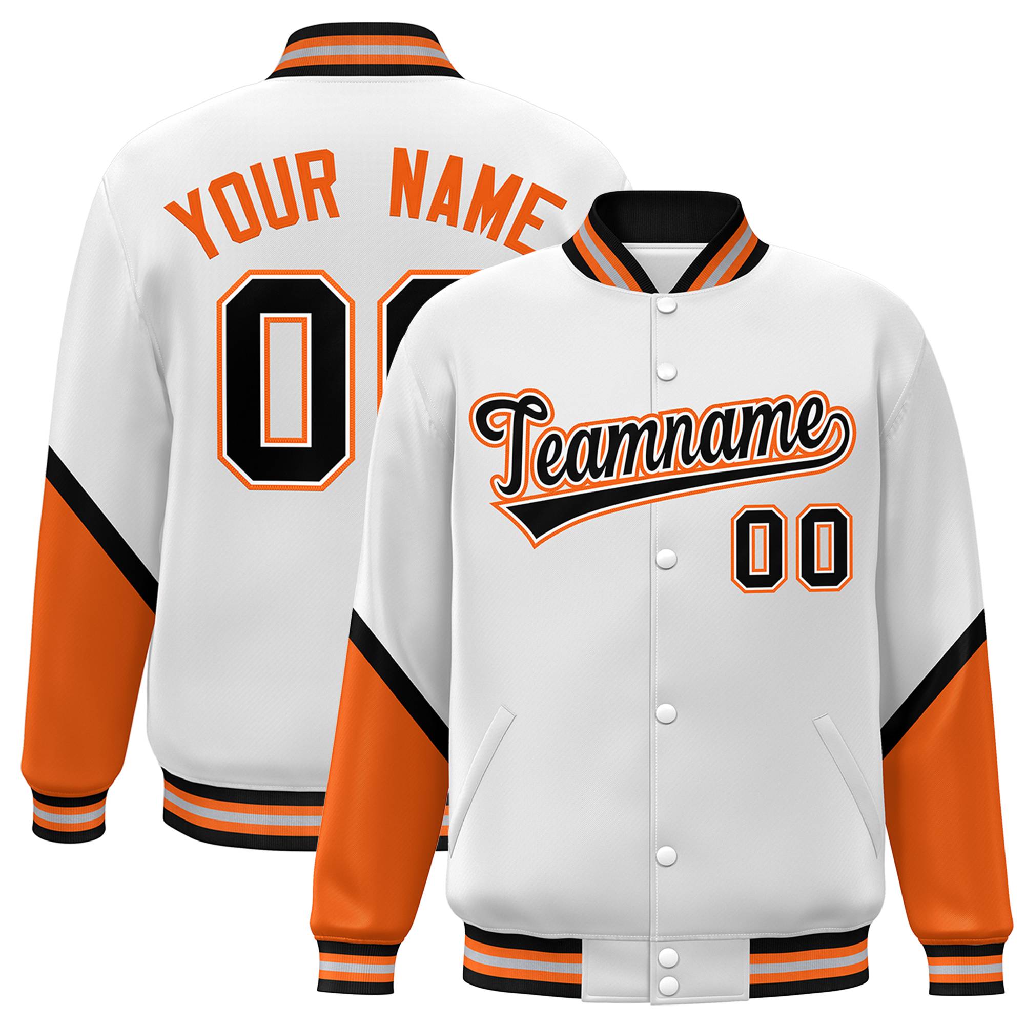 Custom White Orange Varsity Full-Snap Color Block Letterman Baseball Jacket