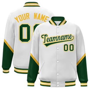 Custom White Green Varsity Full-Snap Color Block Letterman Baseball Jacket