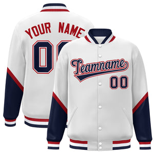 Custom White Navy Varsity Full-Snap Color Block Letterman Baseball Jacket