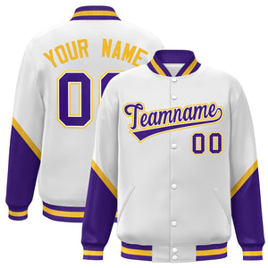 Custom White Purple Varsity Full-Snap Color Block Letterman Baseball Jacket