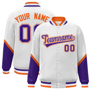 Custom White Purple Varsity Full-Snap Color Block Letterman Baseball Jacket