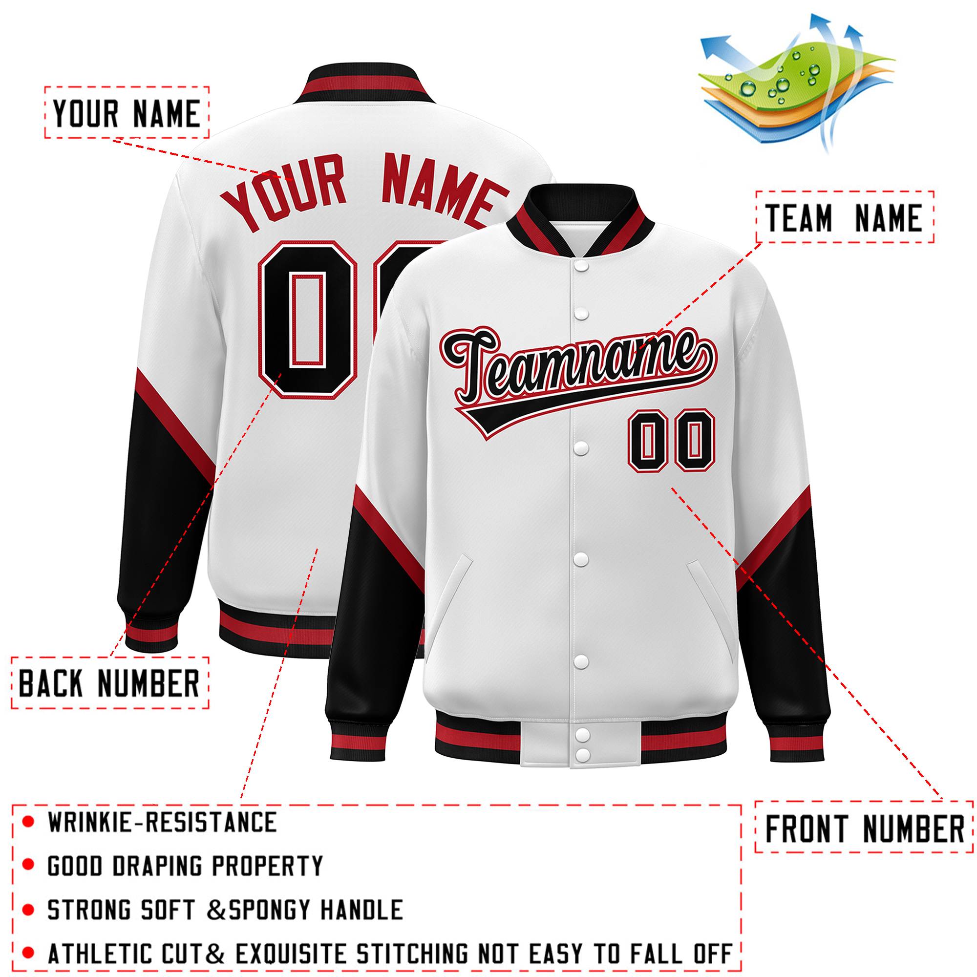 Custom White Black Varsity Full-Snap Color Block Letterman Baseball Jacket