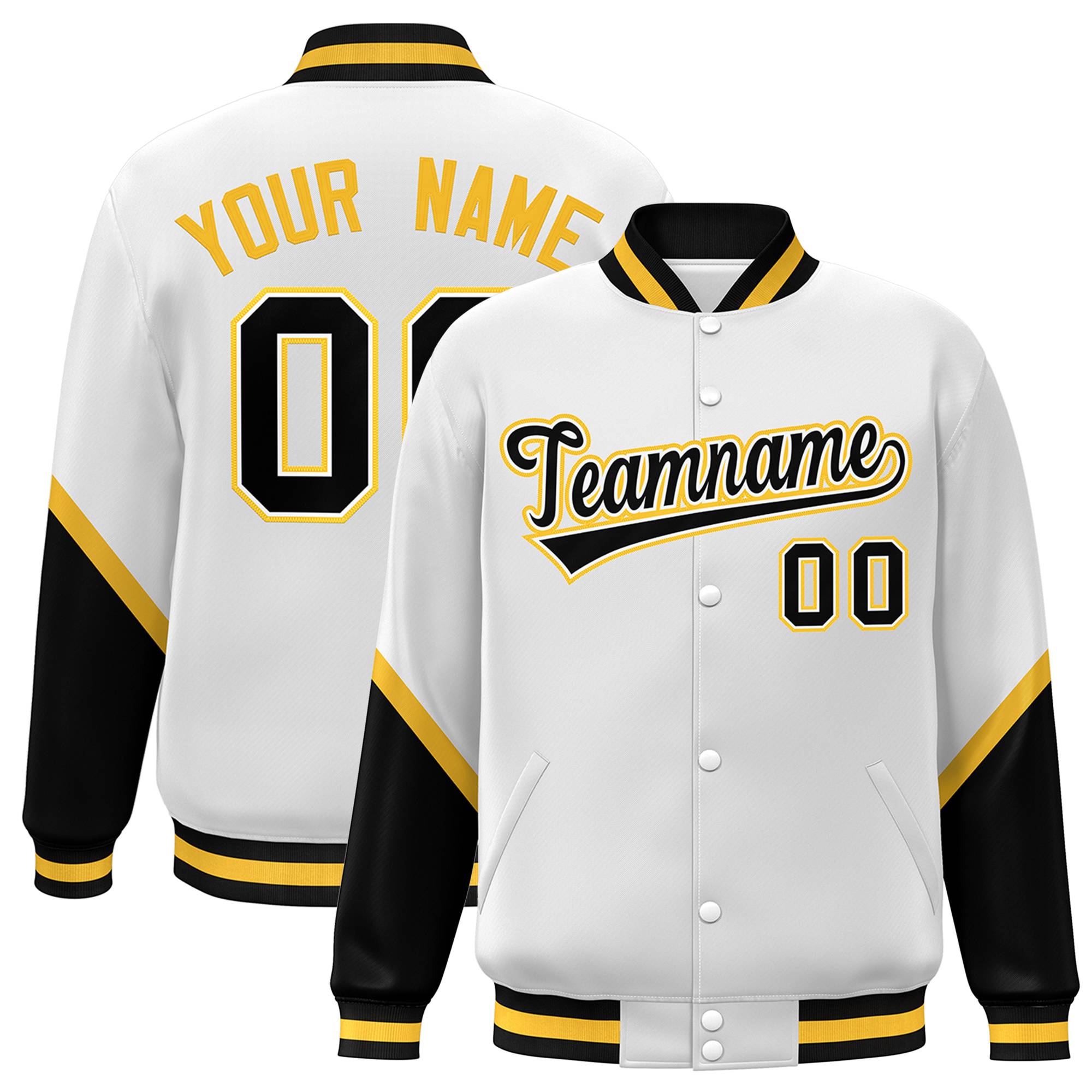 Custom White Black Varsity Full-Snap Color Block Letterman Baseball Jacket