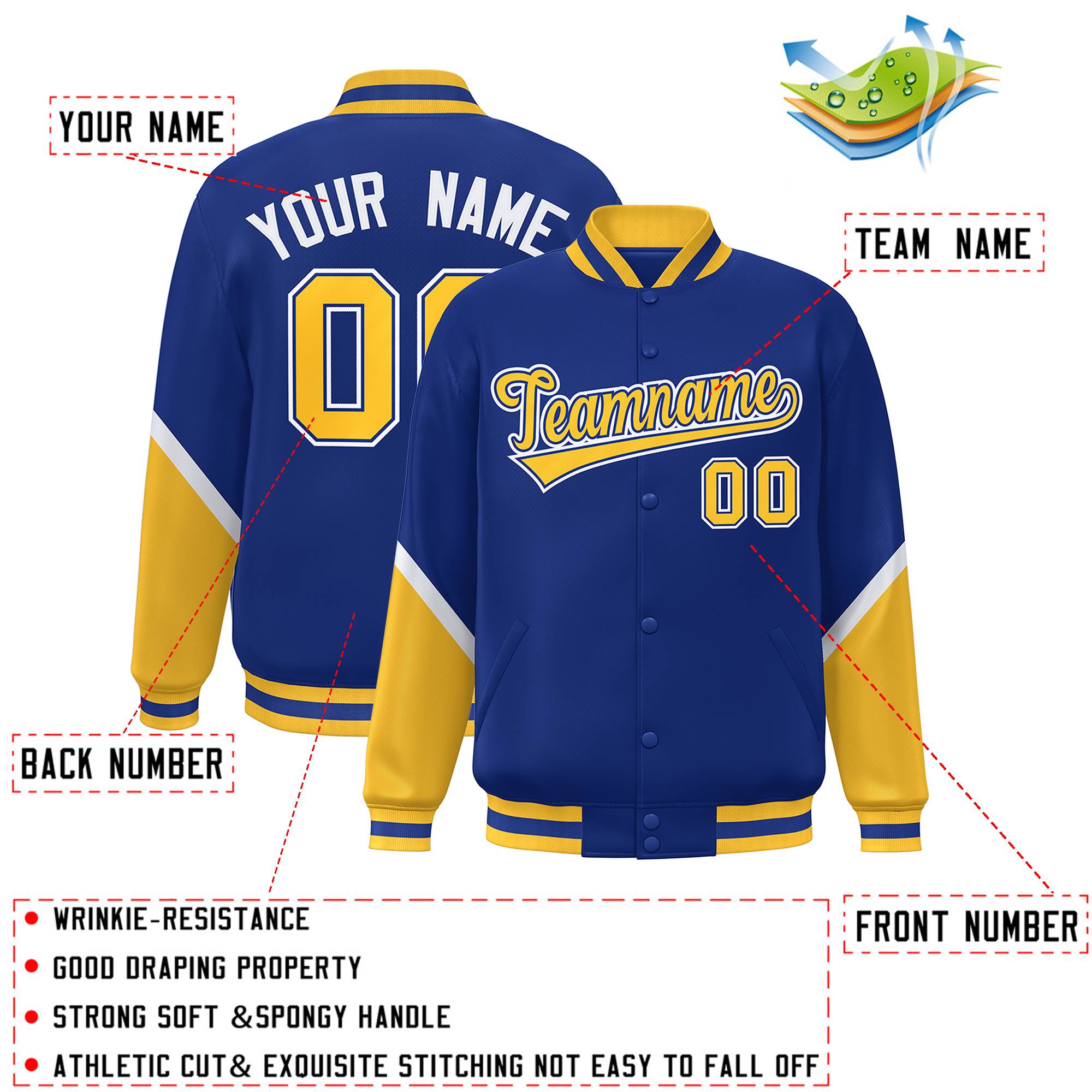 Custom Royal Gold Varsity Full-Snap Color Block Letterman Baseball Jacket