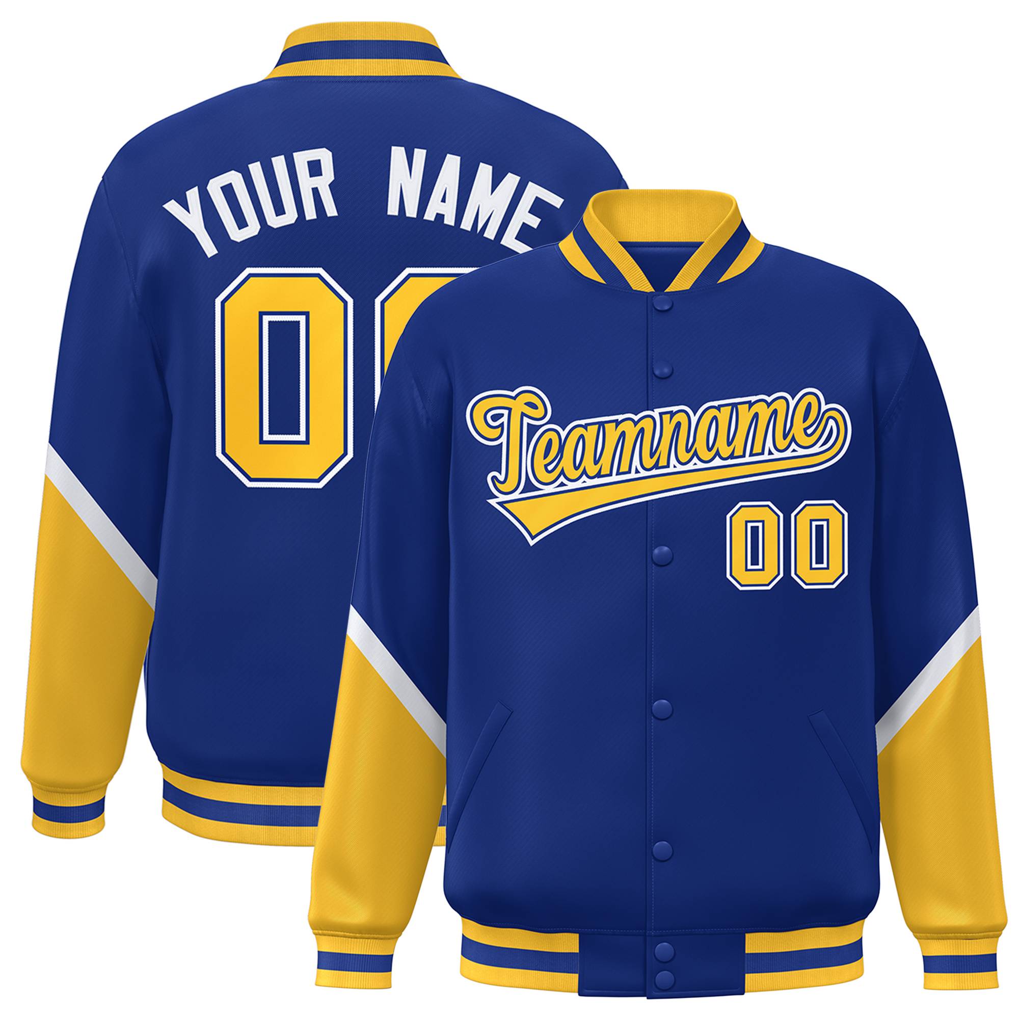 Custom Royal Gold Varsity Full-Snap Color Block Letterman Baseball Jacket