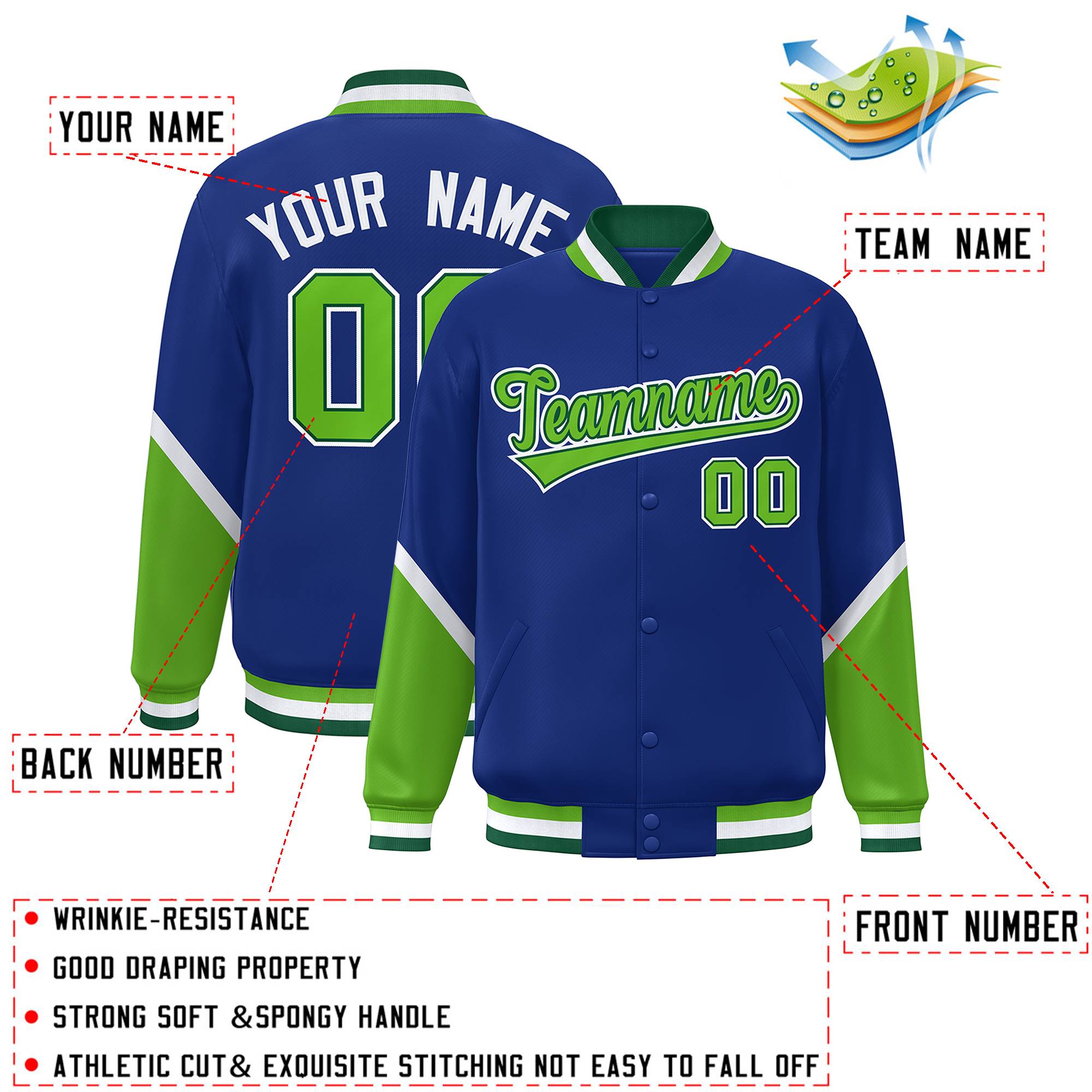 Custom Royal Green Varsity Full-Snap Color Block Letterman Baseball Jacket