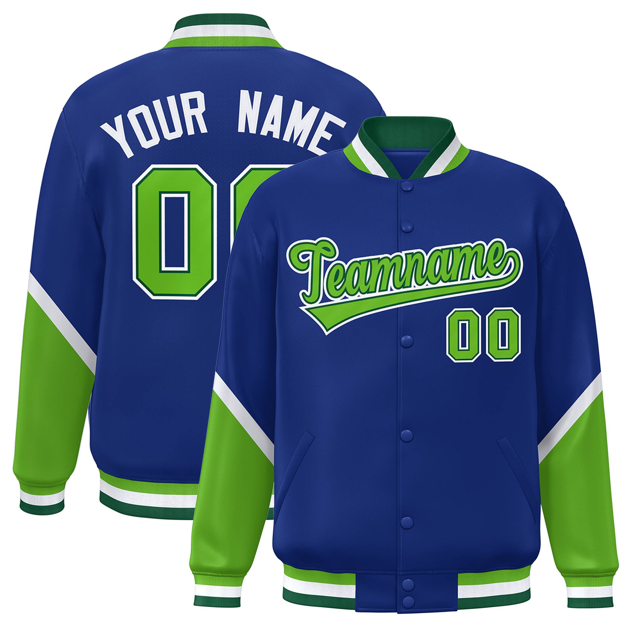 Custom Royal Green Varsity Full-Snap Color Block Letterman Baseball Jacket