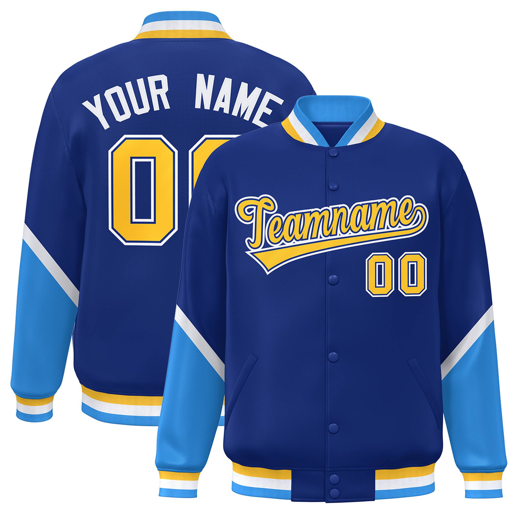 Custom Royal Powder Blue Varsity Full-Snap Color Block Letterman Baseball Jacket