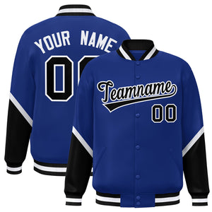 Custom Royal Black Varsity Full-Snap Color Block Letterman Baseball Jacket