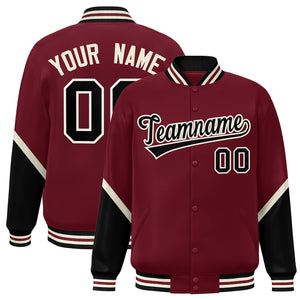 Custom Crimson Black Varsity Full-Snap Color Block Letterman Baseball Jacket