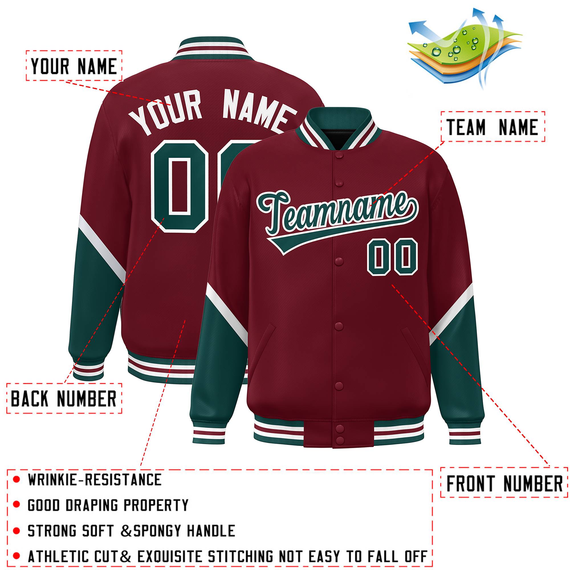 Custom Crimson Midnight Green Varsity Full-Snap Color Block Letterman Baseball Jacket