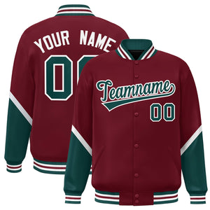 Custom Crimson Midnight Green Varsity Full-Snap Color Block Letterman Baseball Jacket