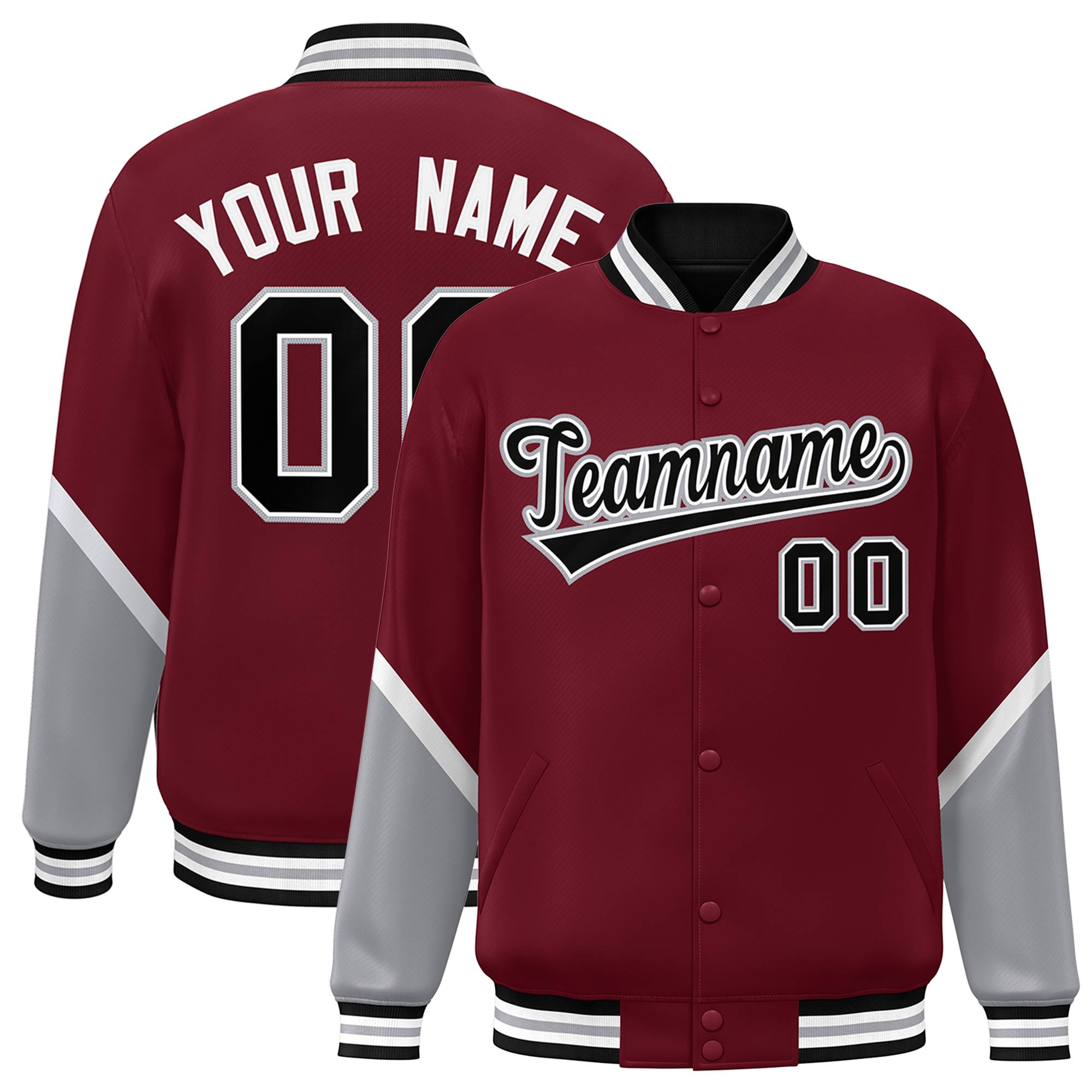 Custom Crimson Gray Varsity Full-Snap Color Block Letterman Baseball Jacket