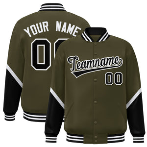 Custom Olive Black Varsity Full-Snap Color Block Letterman Baseball Jacket