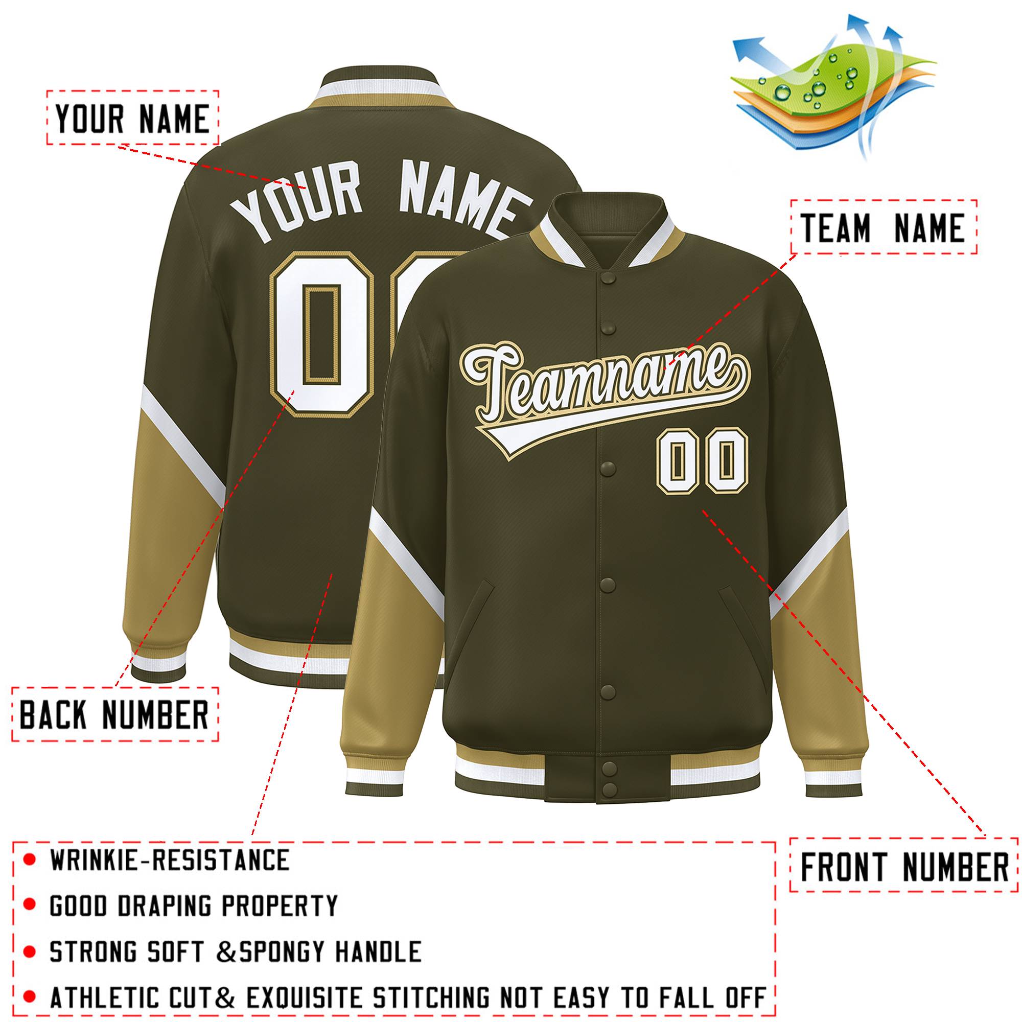 Custom Olive Desert Yellow Varsity Full-Snap Color Block Letterman Baseball Jacket