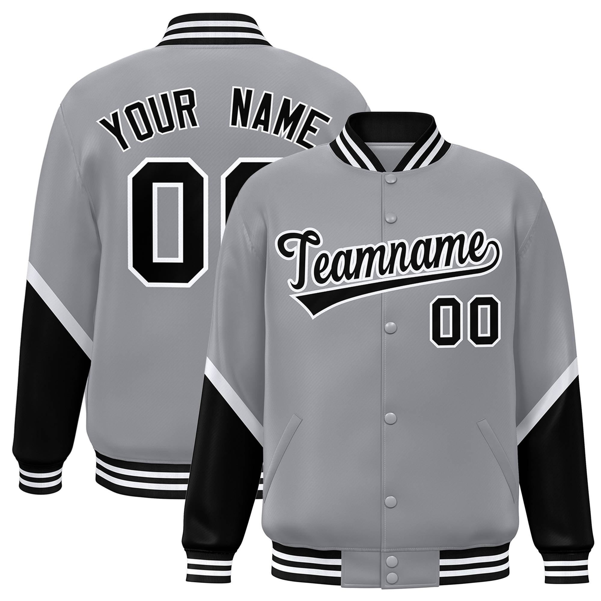 Custom Gray Black Varsity Full-Snap Color Block Letterman Baseball Jacket