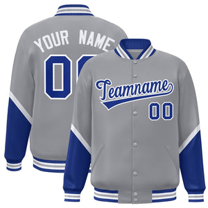 Custom Gray Royal Varsity Full-Snap Color Block Letterman Baseball Jacket