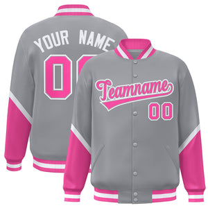 Custom Gray Pink Varsity Full-Snap Color Block Letterman Baseball Jacket