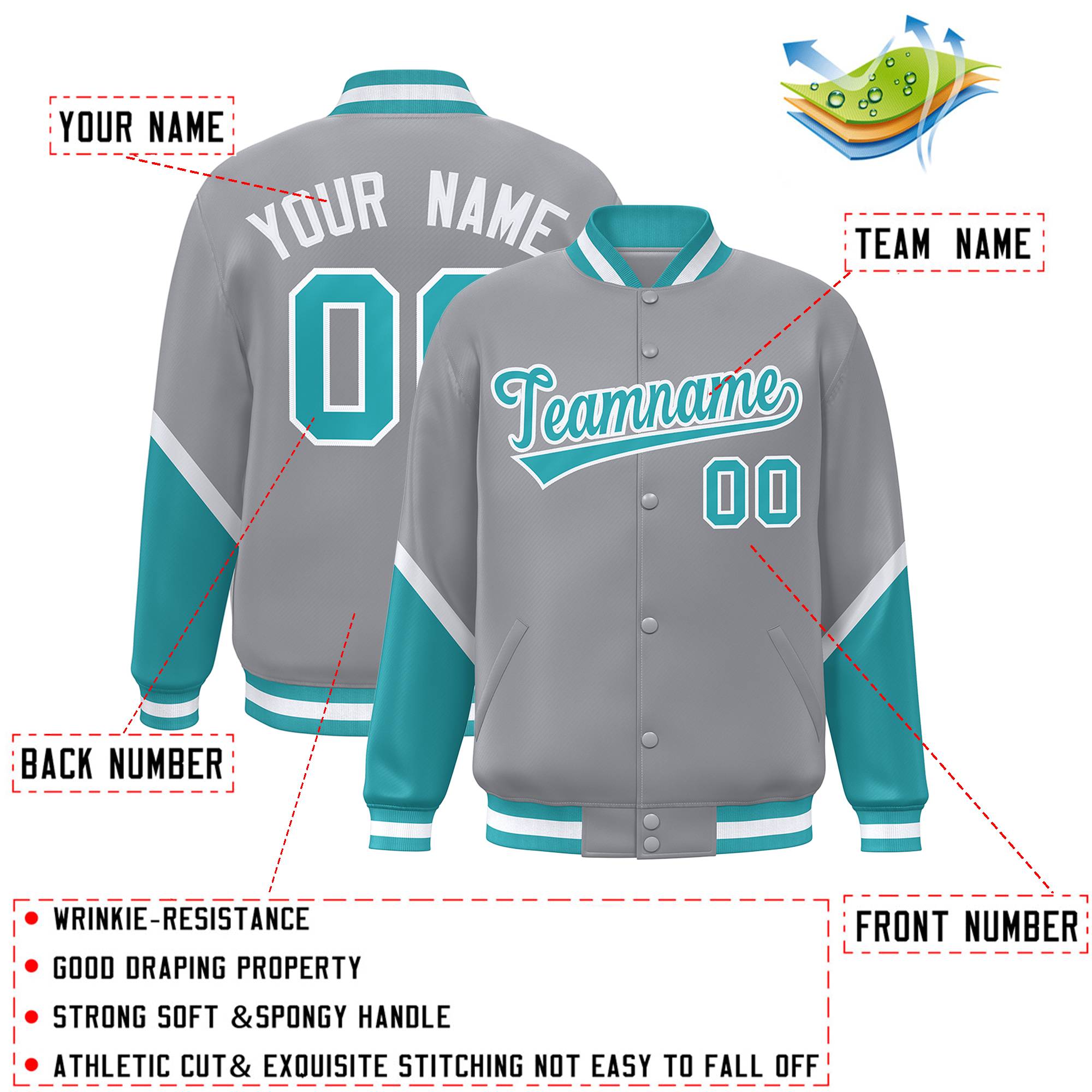 Custom Gray Aqua Varsity Full-Snap Color Block Letterman Baseball Jacket