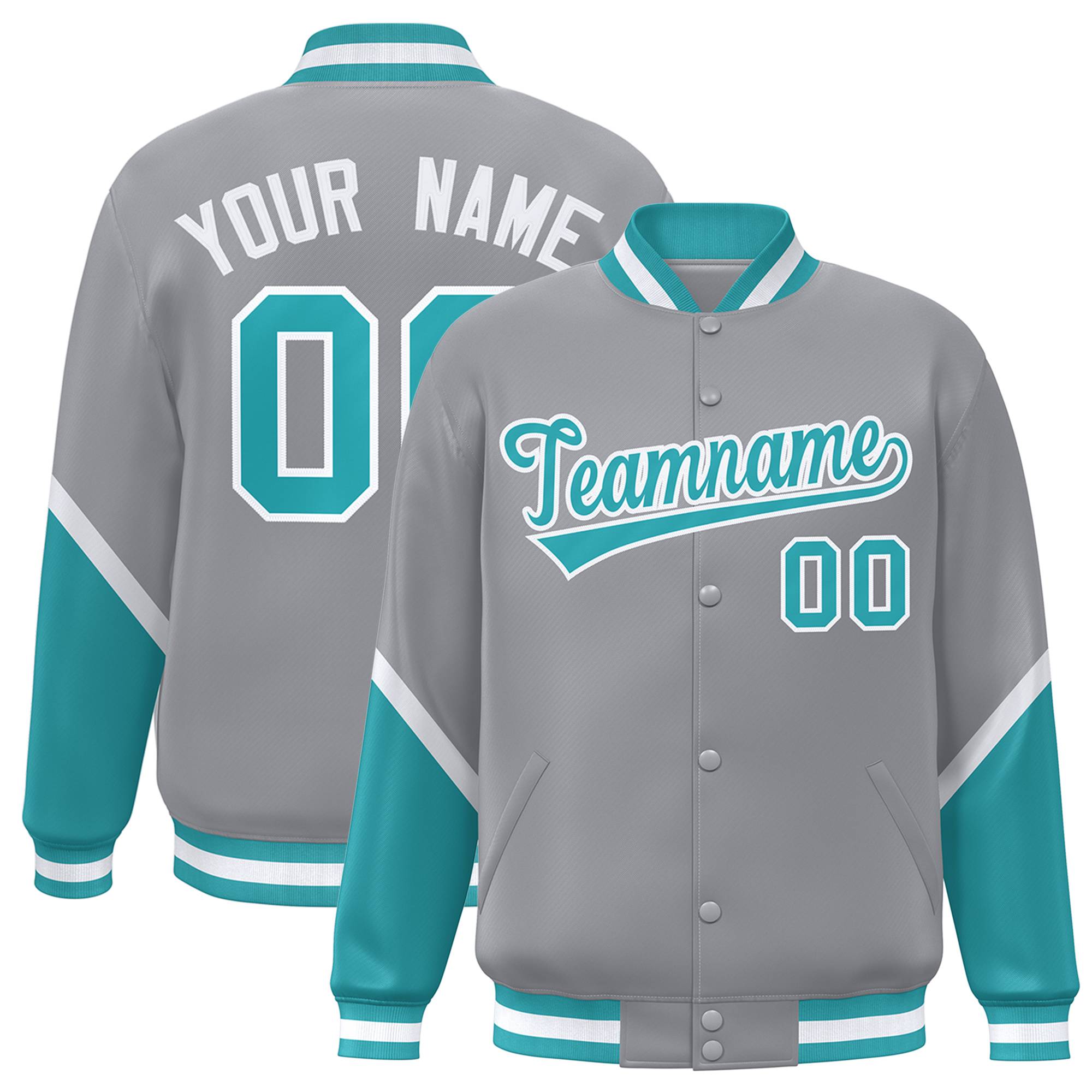 Custom Gray Aqua Varsity Full-Snap Color Block Letterman Baseball Jacket