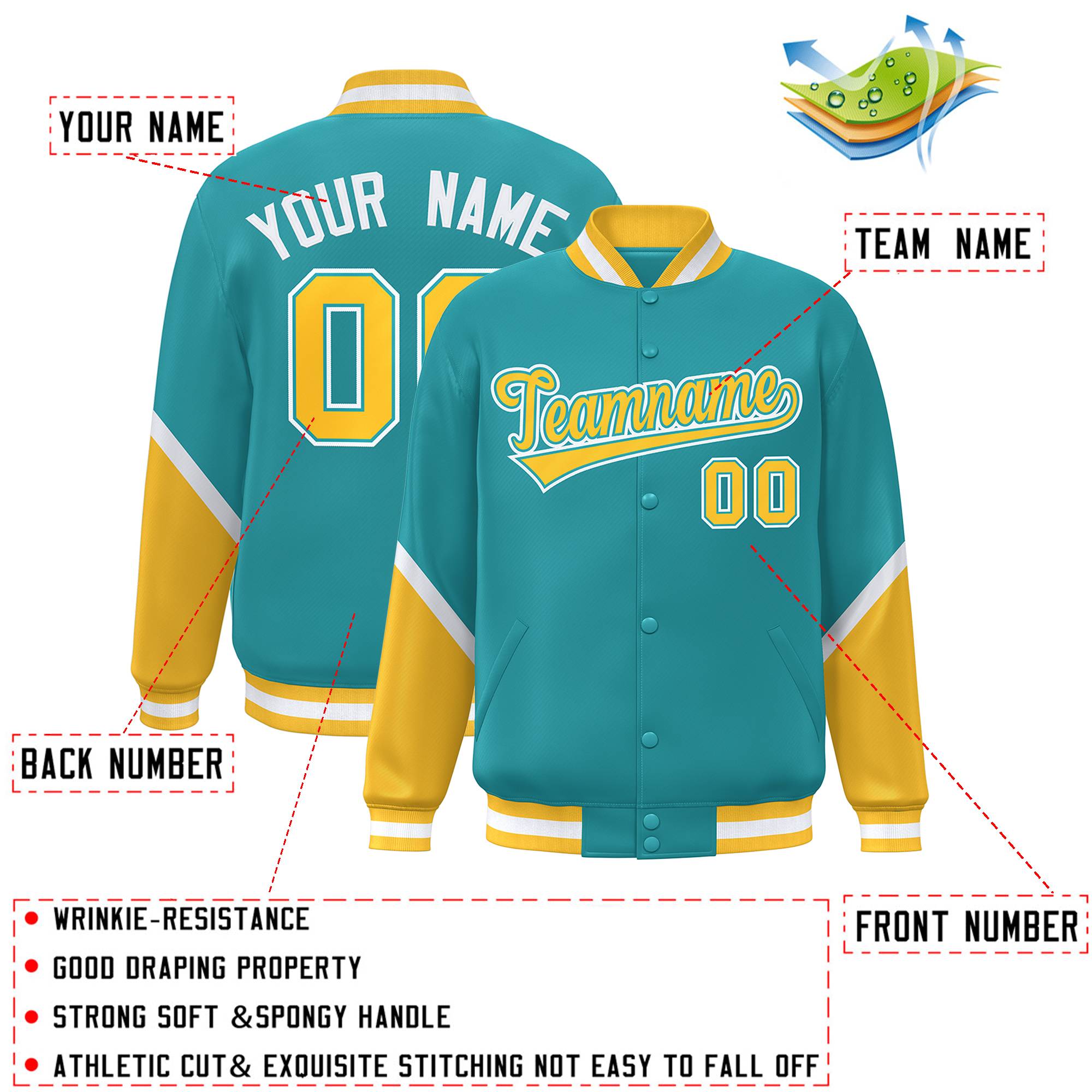 Custom Aqua Gold Varsity Full-Snap Color Block Letterman Baseball Jacket