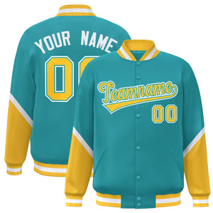 Custom Aqua Gold Varsity Full-Snap Color Block Letterman Baseball Jacket