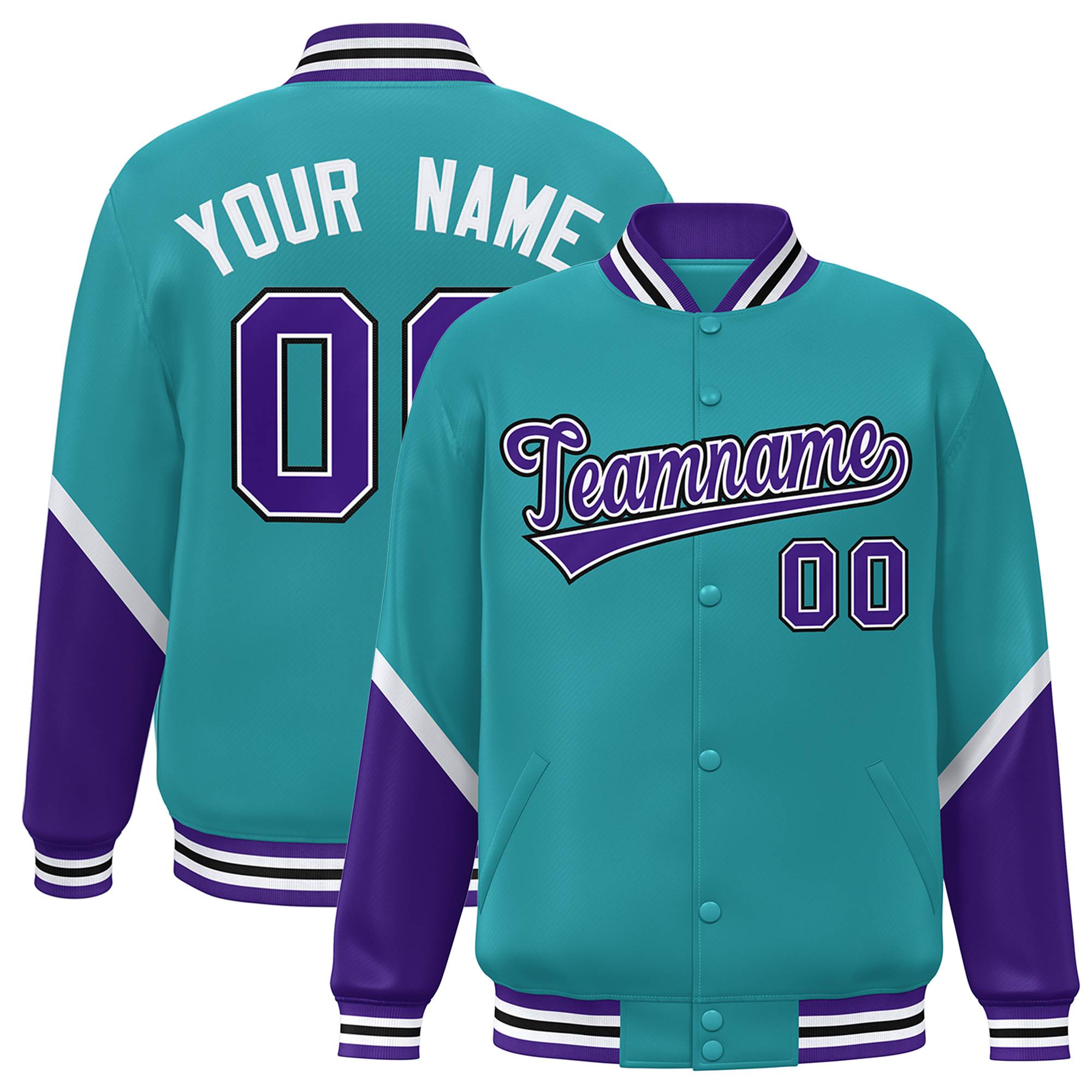 Custom Aqua Purple Varsity Full-Snap Color Block Letterman Baseball Jacket