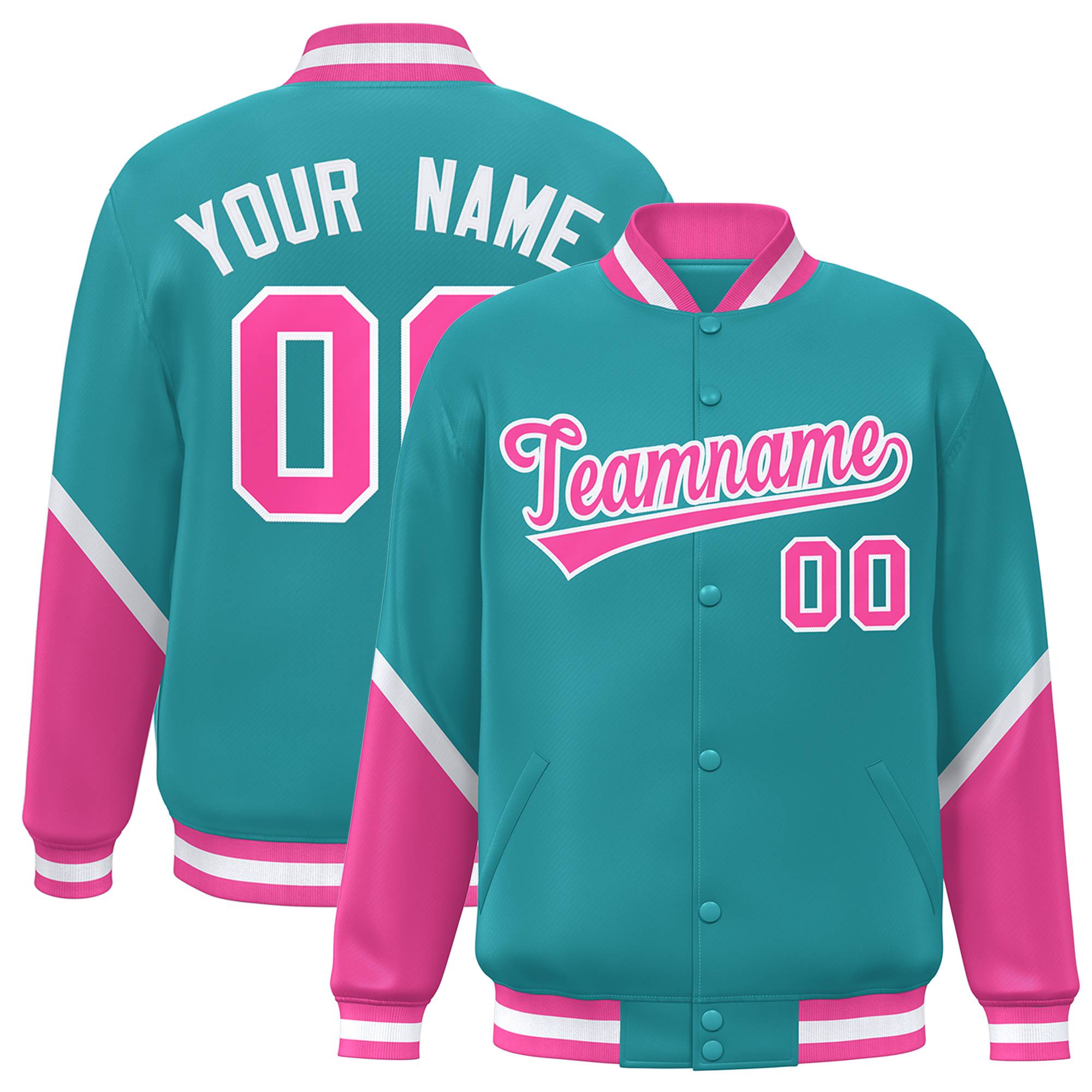 Custom Aqua Pink Varsity Full-Snap Color Block Letterman Baseball Jacket