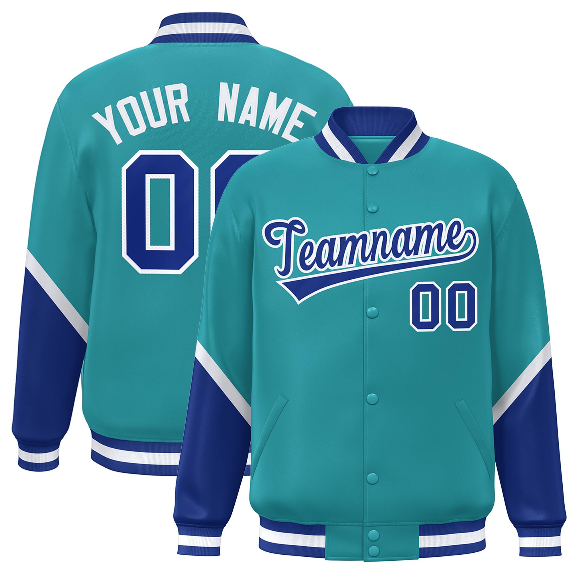 Custom Aqua Royal Varsity Full-Snap Color Block Letterman Baseball Jacket