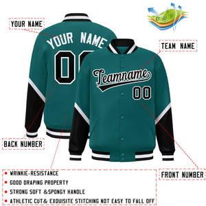 Custom Aqua Black Varsity Full-Snap Color Block Letterman Baseball Jacket