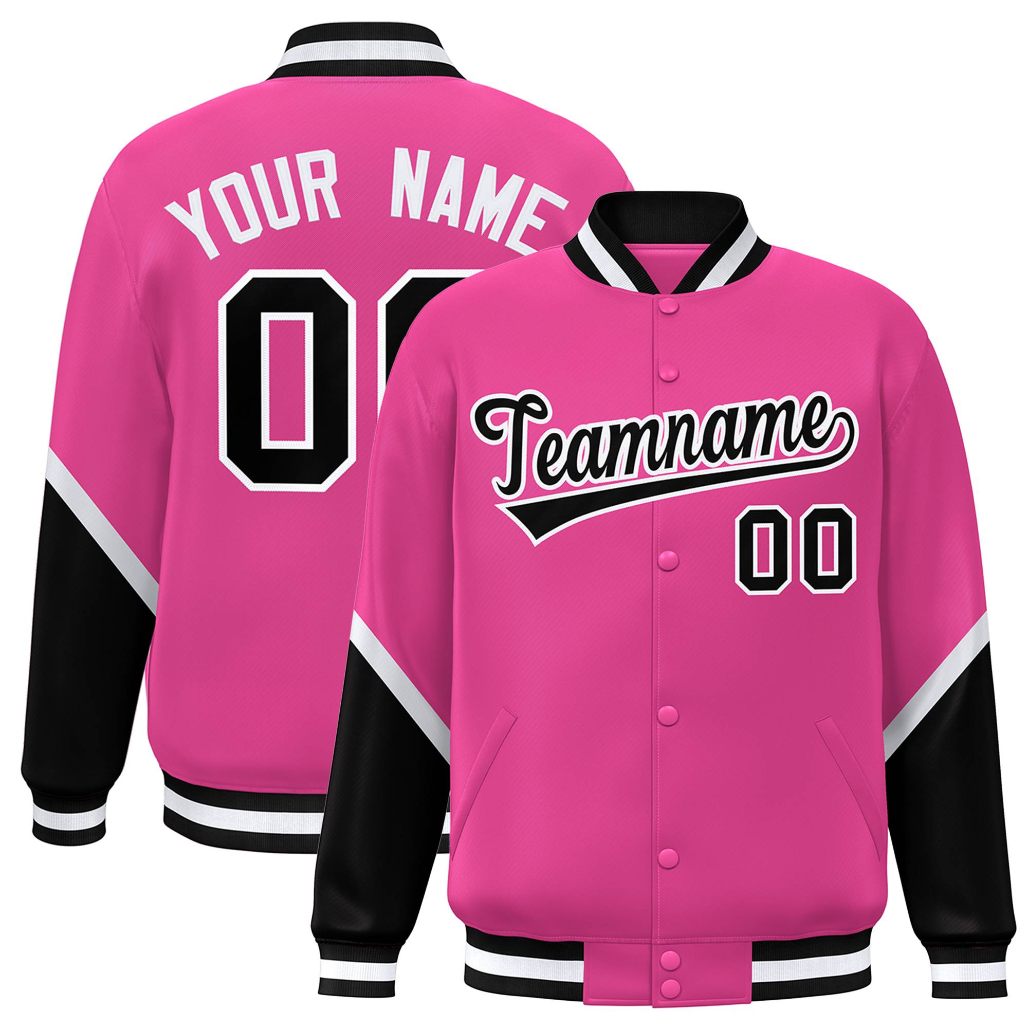 Custom Pink Black Varsity Full-Snap Color Block Letterman Baseball Jacket